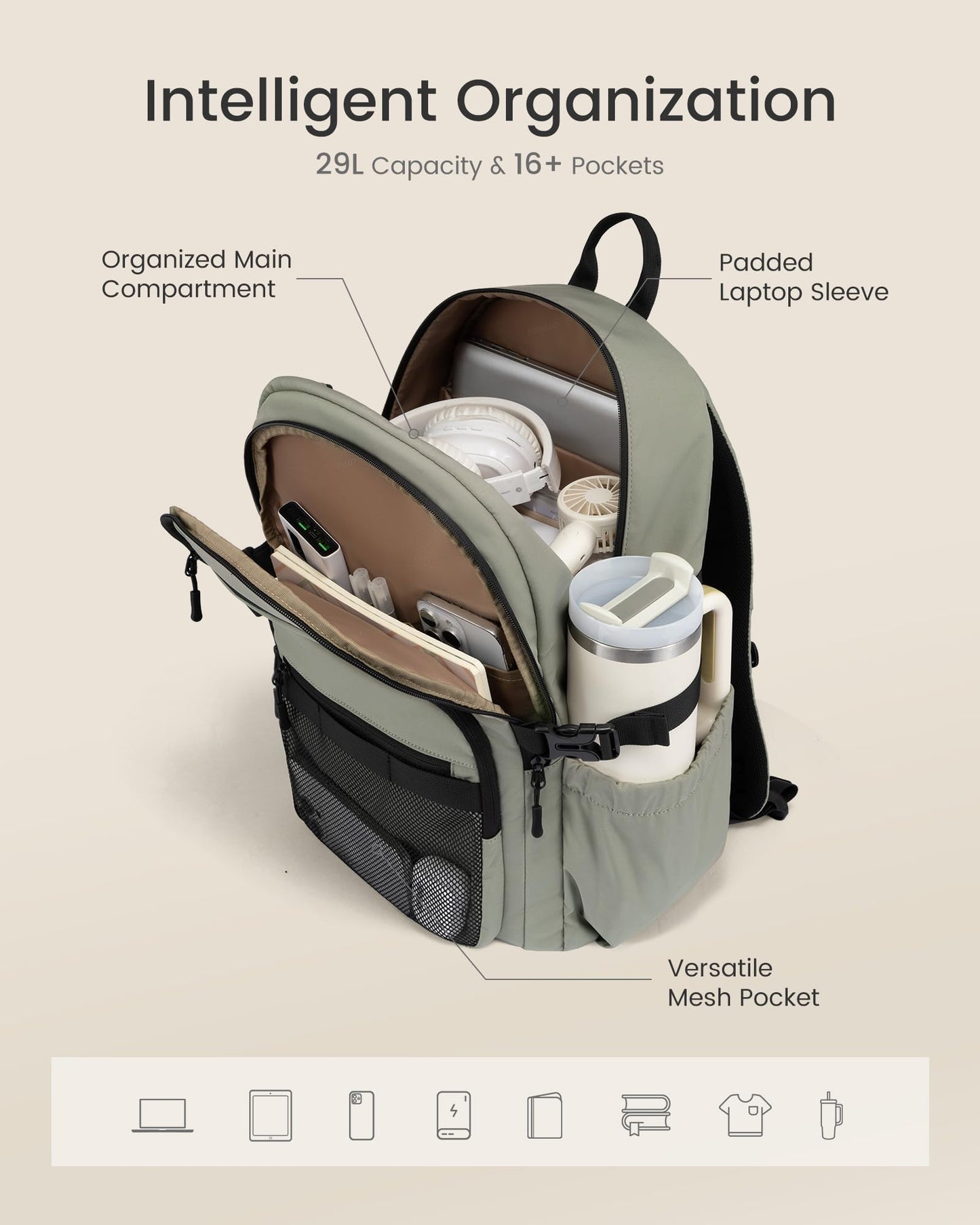 LOVEVOOK Laptop Backpack Women/Men with 40oz Cup Holder Buckle Strap, 15.6 Inch Tech-Ready Work Backpack, TSA-compliant for Travel & College with Versatile Mesh Pocket, Black