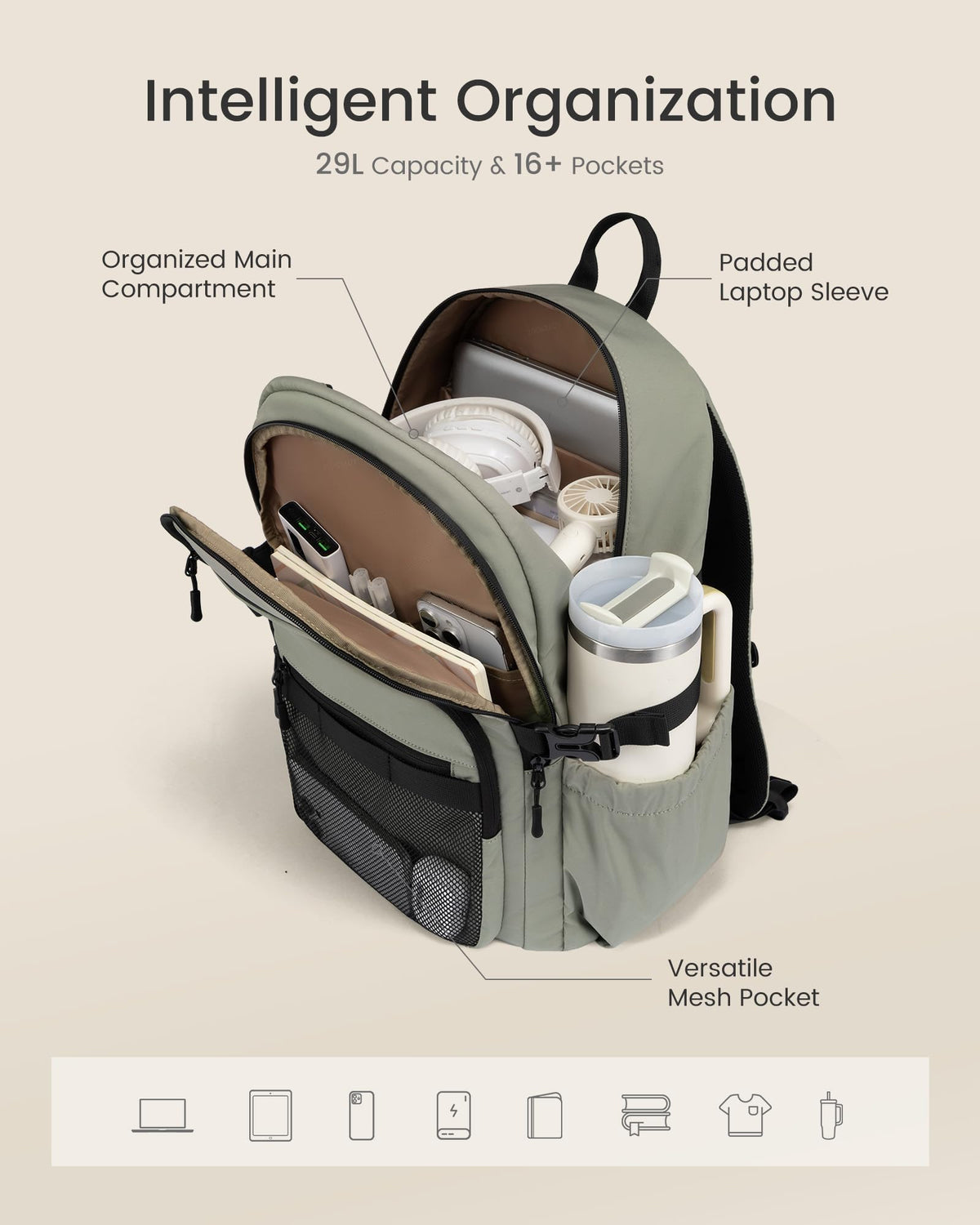 LOVEVOOK Laptop Backpack Women/Men with 40oz Cup Holder Buckle Strap, 15.6 Inch Tech-Ready Work Backpack, TSA-compliant for Travel & College with Versatile Mesh Pocket, Black