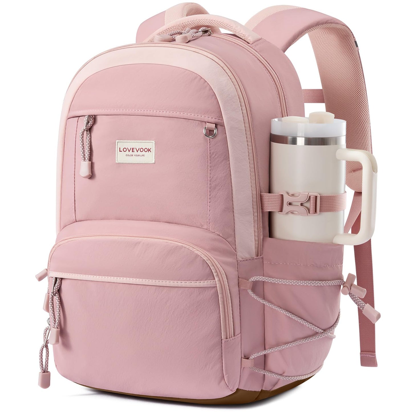 LOVEVOOK School Backpack for Girls, 15.6 Inch laptop Backpacks with Large Capacity Tumbler Holder, Lightweight College bag for women, Cute Travel Teen Bookbag Purse for Students,Off white-Pink