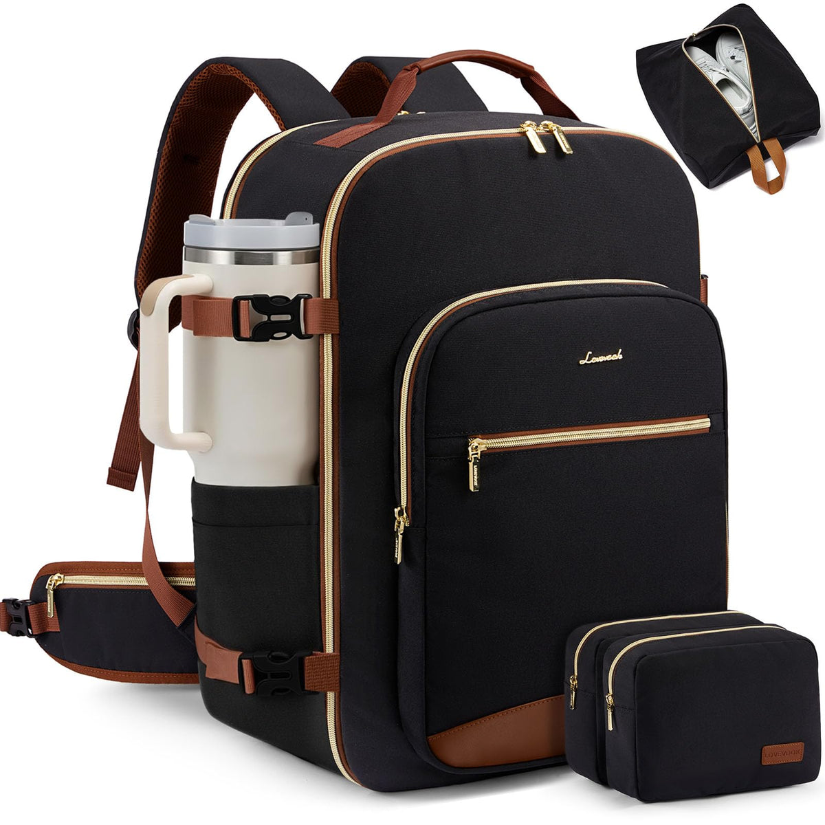 LOVEVOOK 40L Large Travel Backpack for Women Men, 17 Inch Carry on Backpack for Traveling on Airplane, Personal Item Bag Airline Approved, Business Causal Weekender Backpack, Black-Brown