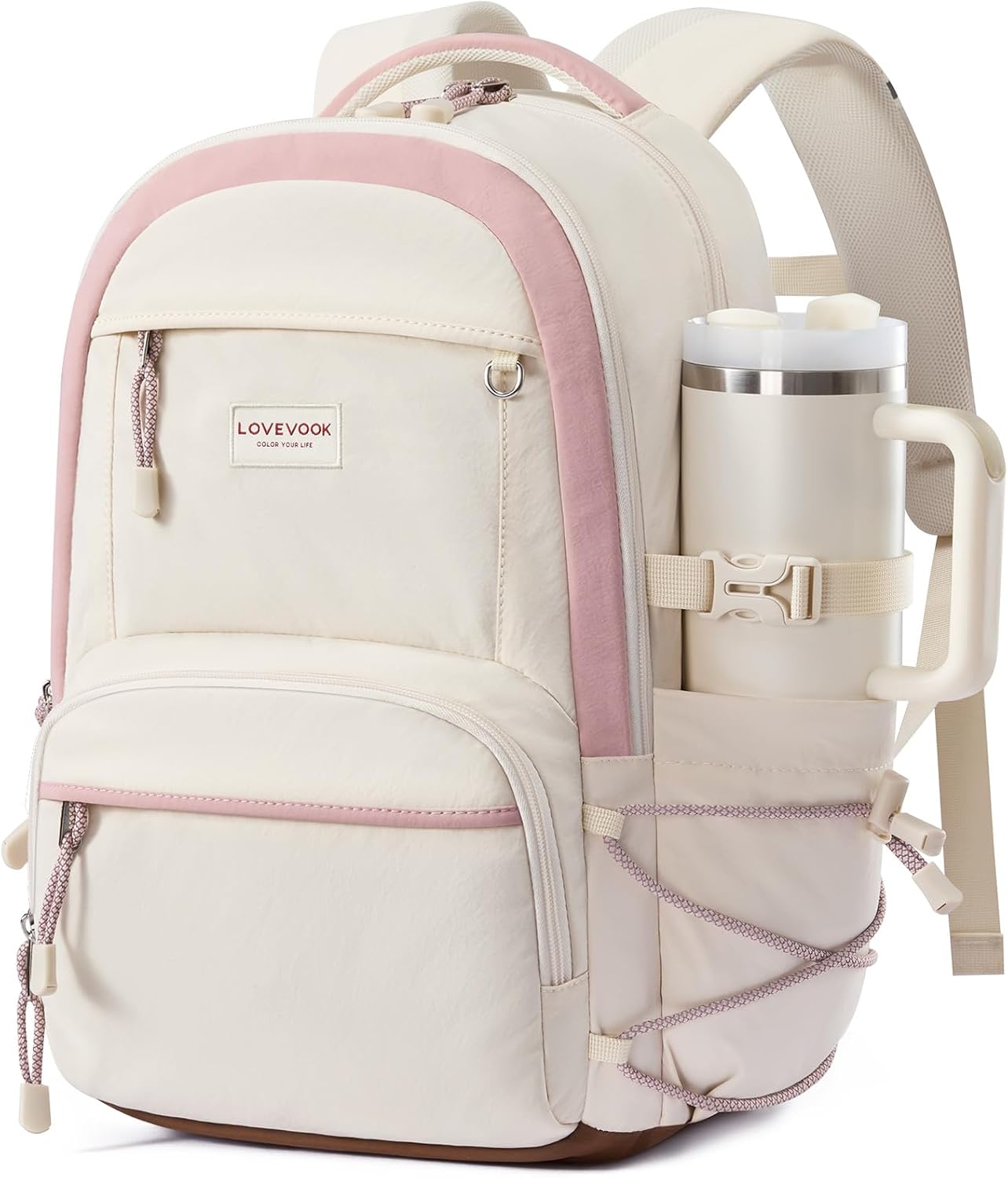 LOVEVOOK School Backpack for Girls, 15.6 Inch laptop Backpacks with Large Capacity Tumbler Holder, Lightweight College bag for women, Cute Travel Teen Bookbag Purse for Students,Off white-Pink