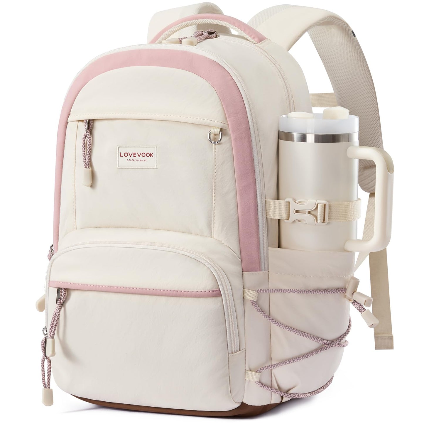 LOVEVOOK School Backpack for Girls, 15.6 Inch laptop Backpacks with Large Capacity Tumbler Holder, Lightweight College bag for women, Cute Travel Teen Bookbag Purse for Students,Off white-Pink