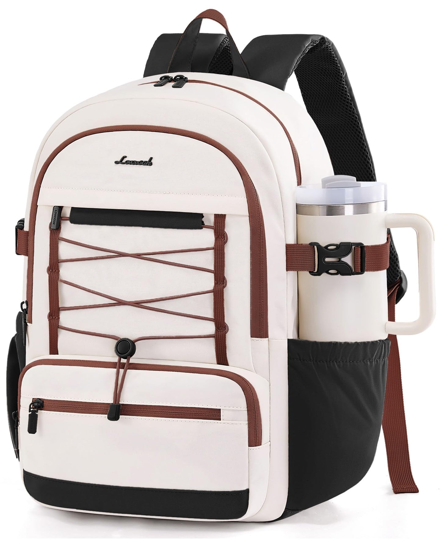 LOVEVOOK School Backpack for Teen Girls, Large Capacity College Bookbag with Water Bottle Holder, Cute Laptop Backpack Purse for Women, Lightweight Casual Travel Backpack, Gift for Her, Beige-Khaki