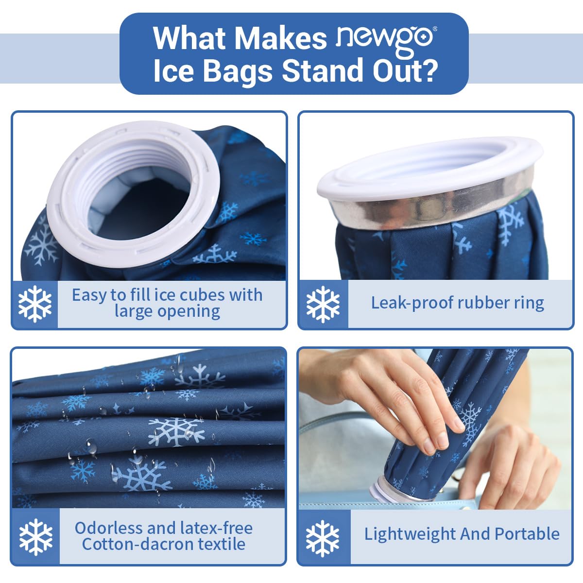 NEWGO Ice Pack for Injury Reusable, Small Ice Bag Refillable Ice Pack for Hot Cold Therapy and Pain Relief, Hot Water Bag, No-Leak Medical Ice Bag (6 Inch)