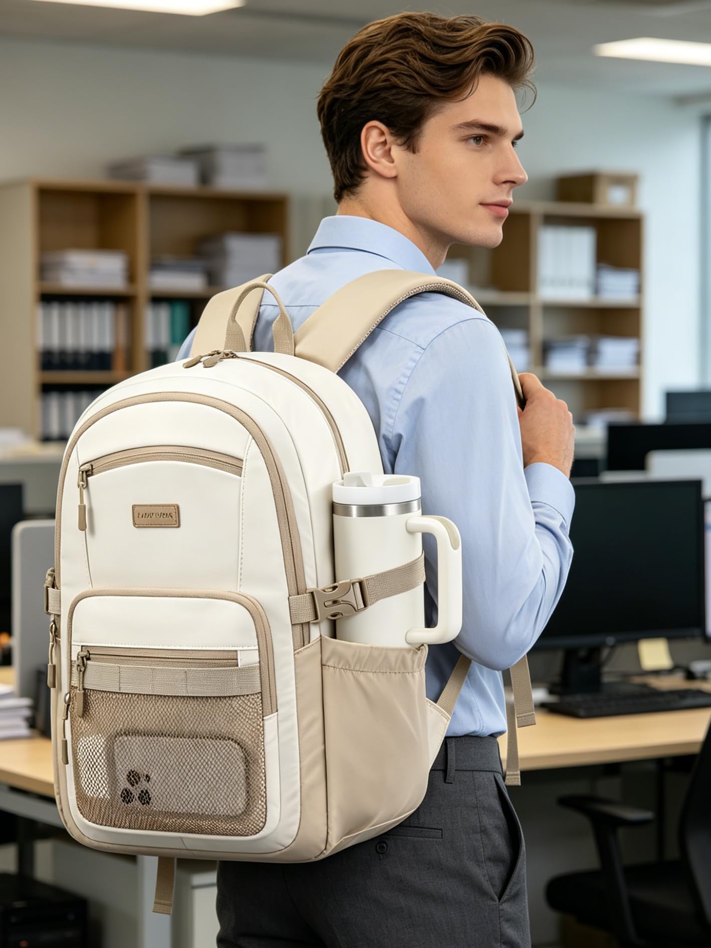LOVEVOOK Laptop Backpack Women/Men with 40oz Cup Holder Buckle Strap, 15.6 Inch Tech-Ready Work Backpack, TSA-compliant for Travel & College with Versatile Mesh Pocket, Black