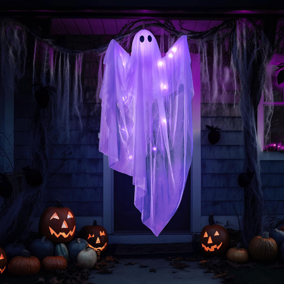 JOYIN Halloween Hanging Light up Ghost, 47" White Ghosts with Purple LED Light and Timer Halloween Hanging Decoration Waterproof for Front Yard Patio LawnGarden Party Decor Indoor Outdoor