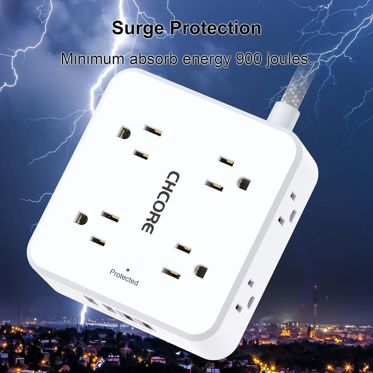 Surge Protector Power Strip - CHCORE 6Ft Braided Extension Cord with 8 Outlets with 4 USB (2 USB C) Charging Ports, Flat Plug Multi Plug Outlet Extender Charging Station for Home Office, ETL, White