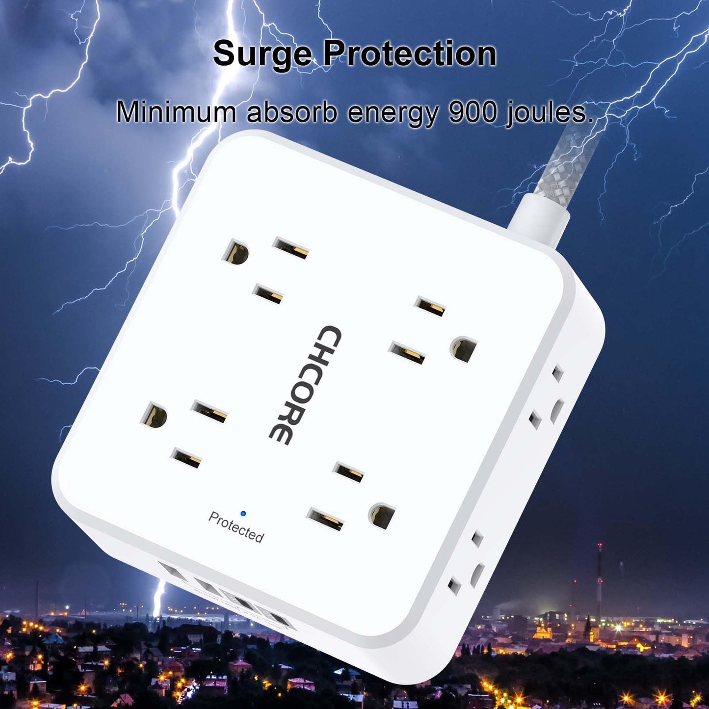 Surge Protector Power Strip - CHCORE 6Ft Braided Extension Cord with 8 Outlets with 4 USB (2 USB C) Charging Ports, Flat Plug Multi Plug Outlet Extender Charging Station for Home Office, ETL, White