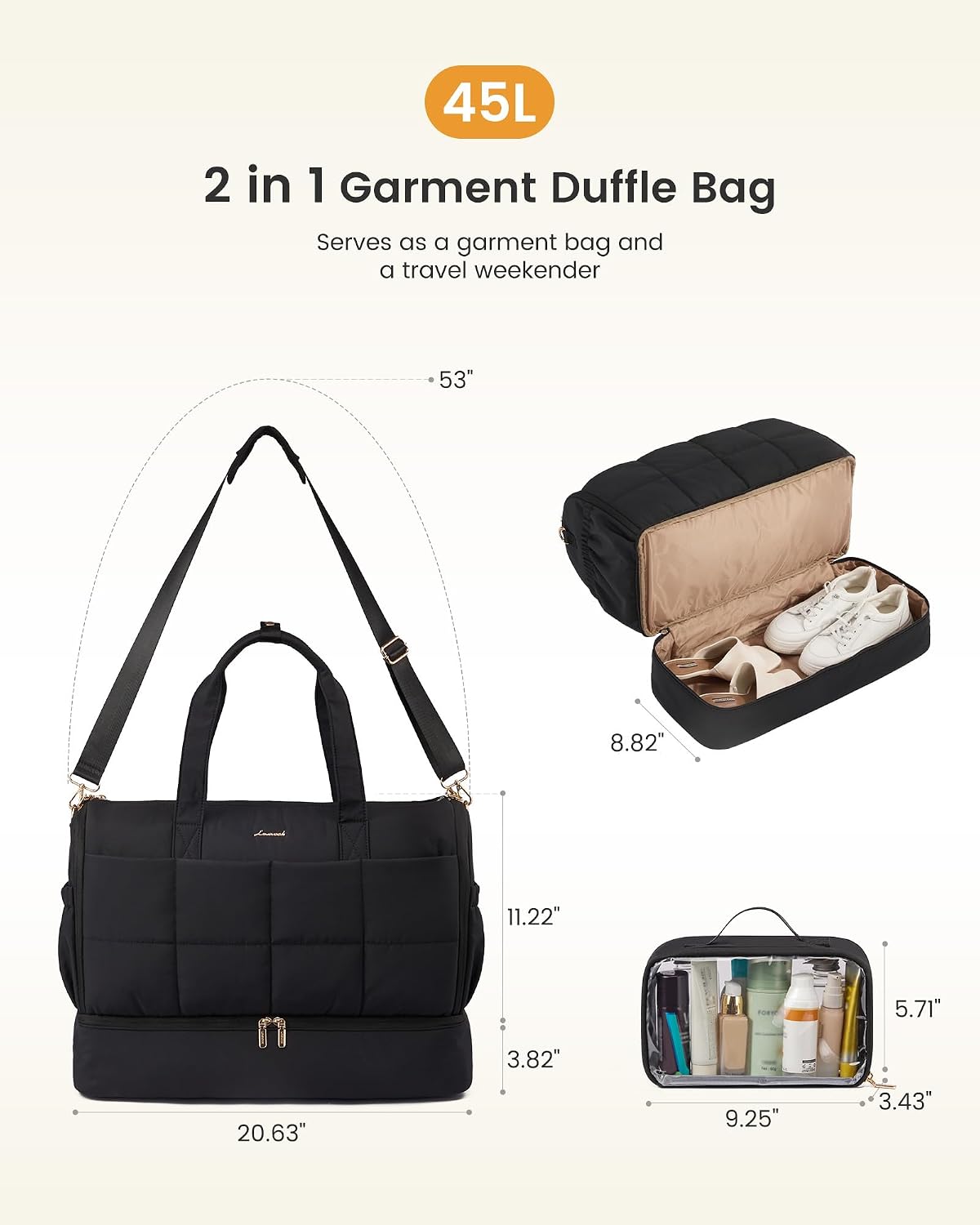 LOVEVOOK Garment Bags for Travel,Convertible Garment Bag for Women with Shoe Pouch,Carry on Duffel Bag with Toiletry Bag, 2 in 1 Hanging Suitcase Suit Bag,Waterproof Weekender Bags for Business Trip