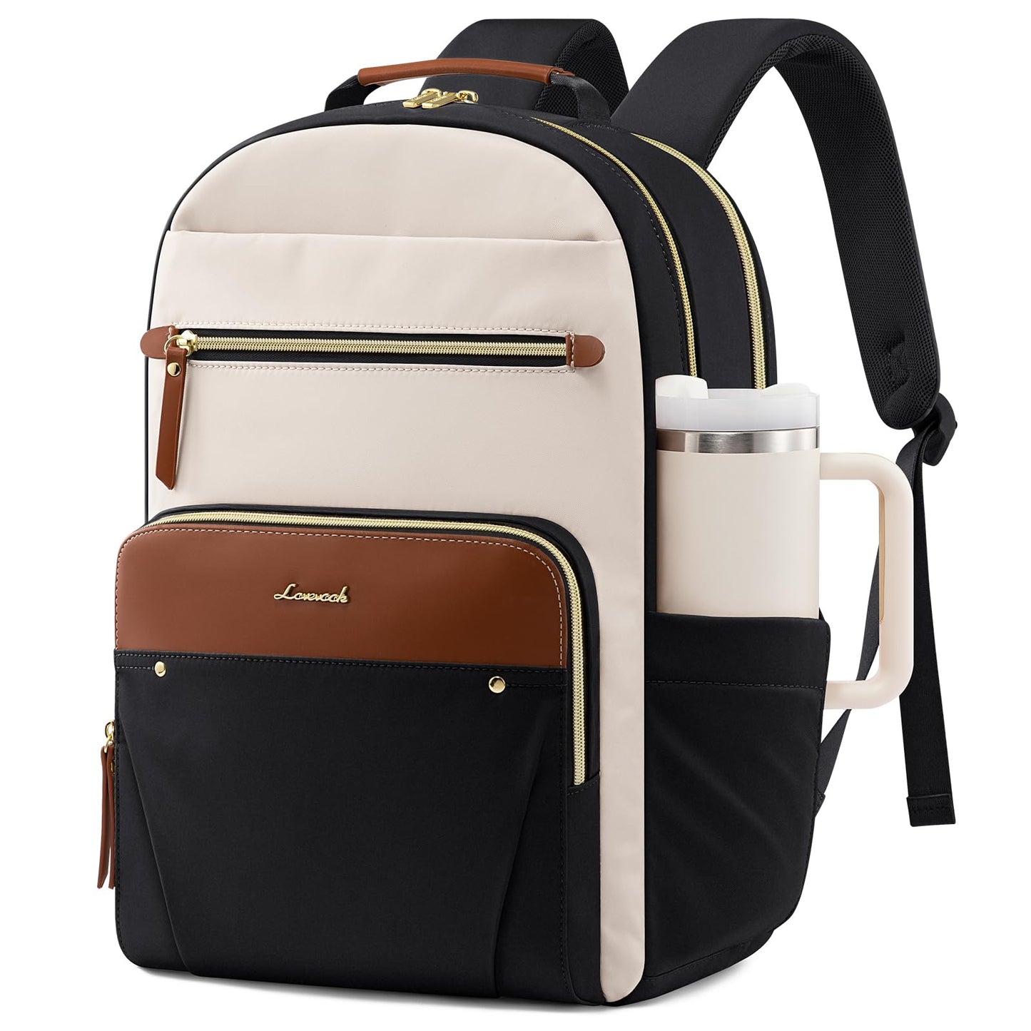 LOVEVOOK Laptop Backpack for Women with Leather Trim & Tumbler Pockets, 15.6" Work Backpack Purse, Travel Personal Item Bag, Carry On Business Computer Bag for Office, School, or Gift, Sage Green