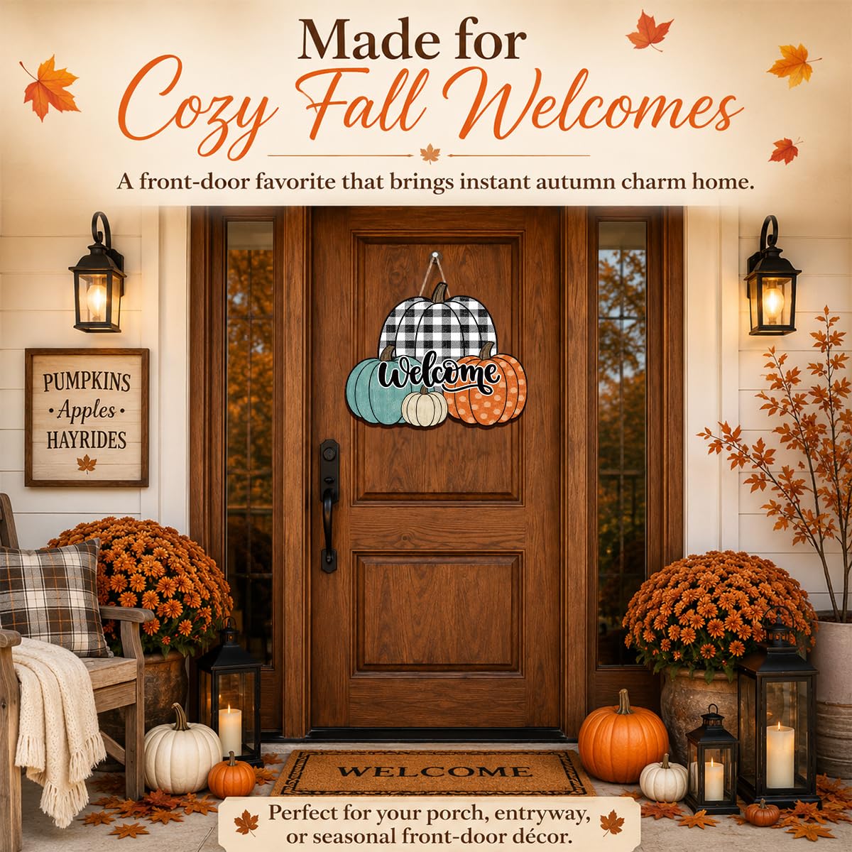 Fall Door Decor Wooden Pumpkin Door Hanger, Welcome Sign for Front Door
