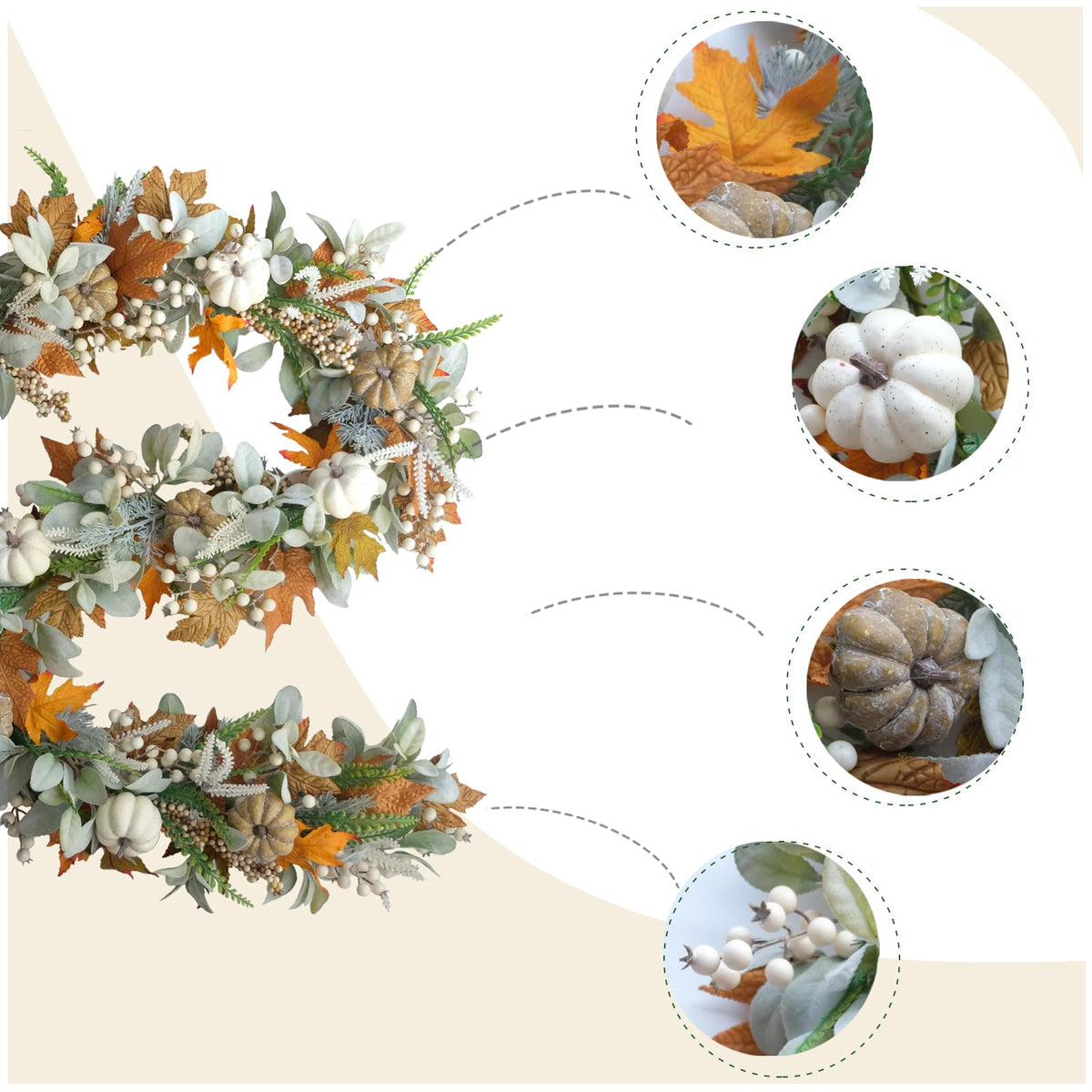 20" Harvest Fall Wreath for Front Door,Pumpkins Berries Autumn Wreaths