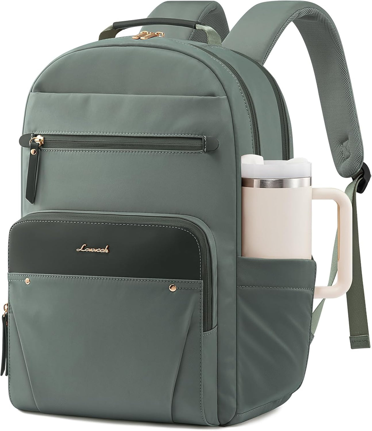 LOVEVOOK Laptop Backpack for Women with Leather Trim & Tumbler Pockets, 15.6" Work Backpack Purse, Travel Personal Item Bag, Carry On Business Computer Bag for Office, School, or Gift, Sage Green