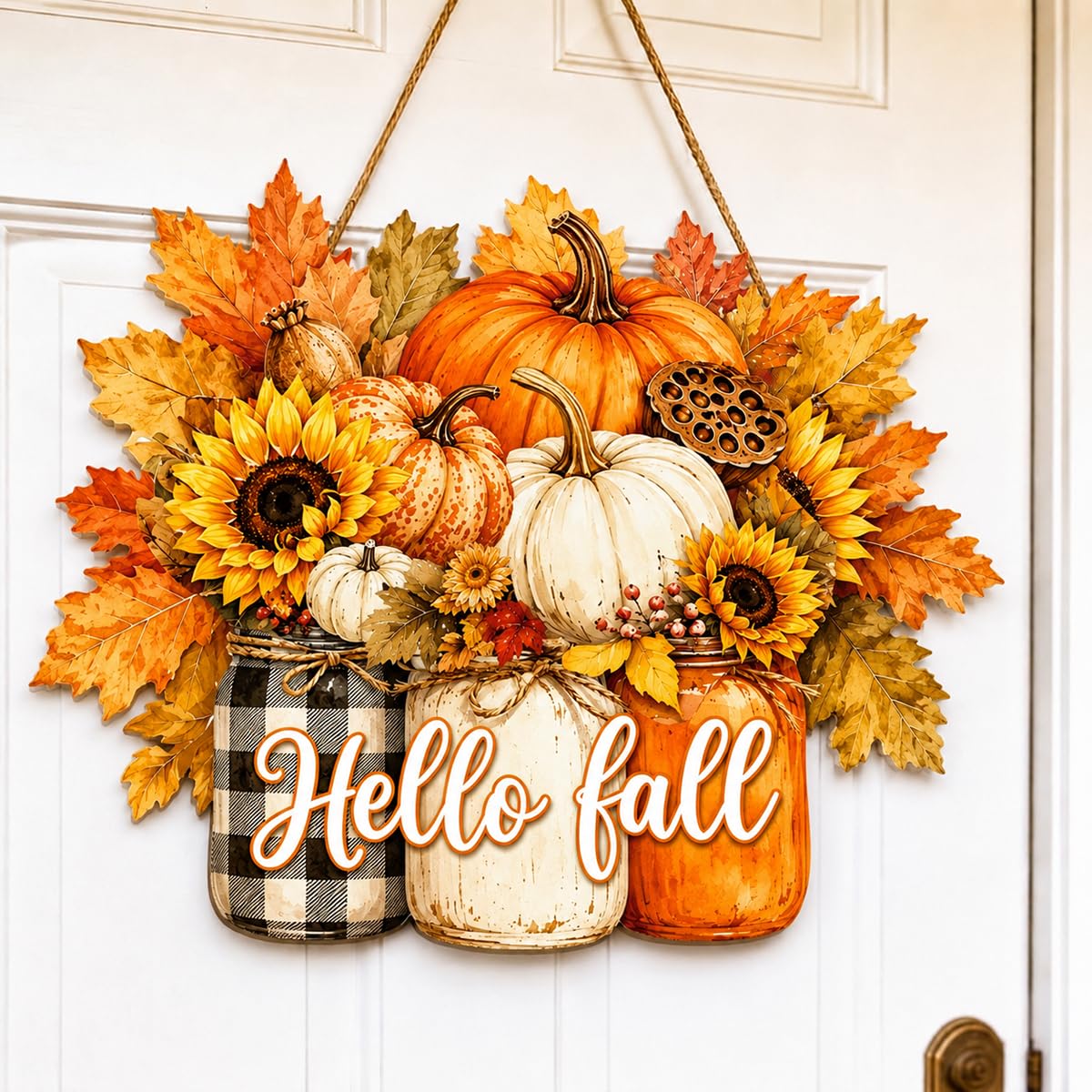 Fall Door Decor Wooden Pumpkin Door Hanger, Welcome Sign for Front Door
