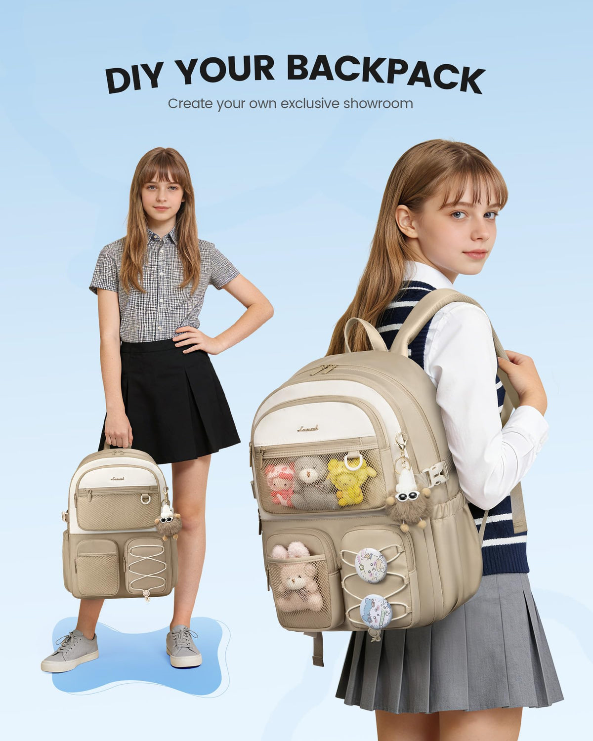 LOVEVOOK School Backpack for Teen Girls, Student Cute Bookbag Purse for Middle High School, 15.6 Inch Laptop Kid Backpack Back to School with Large Cup Holder, College Travel Bag, Beige Blue