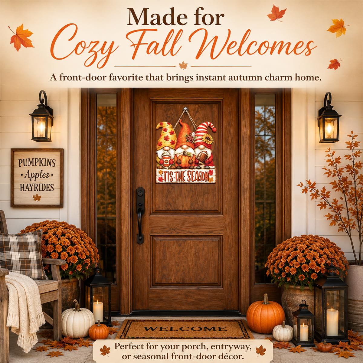 Fall Door Decor Wooden Pumpkin Door Hanger, Welcome Sign for Front Door