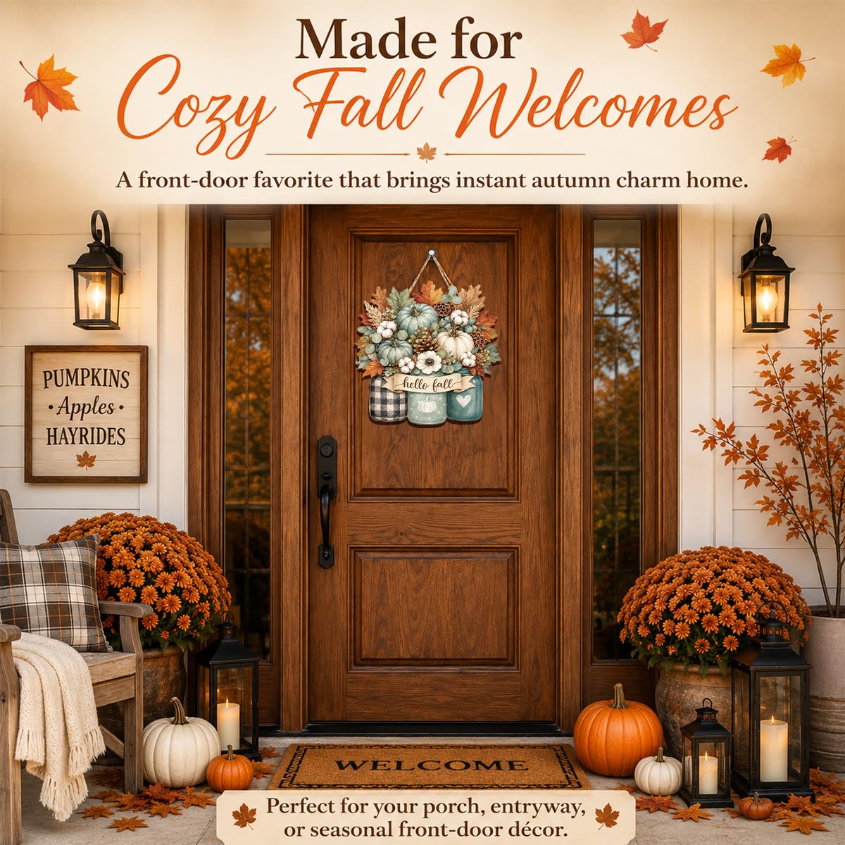 Fall Door Decor Wooden Pumpkin Door Hanger, Welcome Sign for Front Door