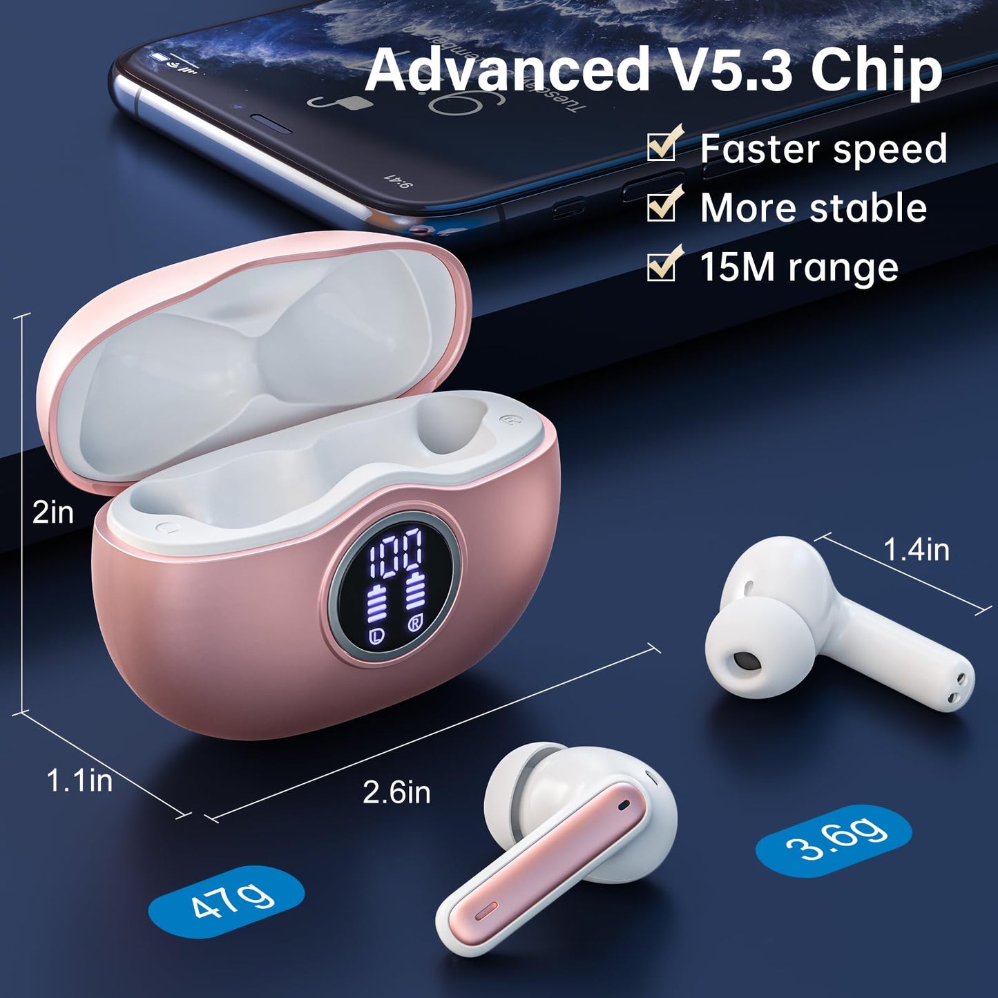 Wireless Earbuds, Bluetooth 5.3 Headphones HiFi Stereo 50H Playback LED Digital Display Ear Buds with ENC Noise Canceling Headset, IPX7 Waterproof Earphones for Gym/Running/Work(Black)