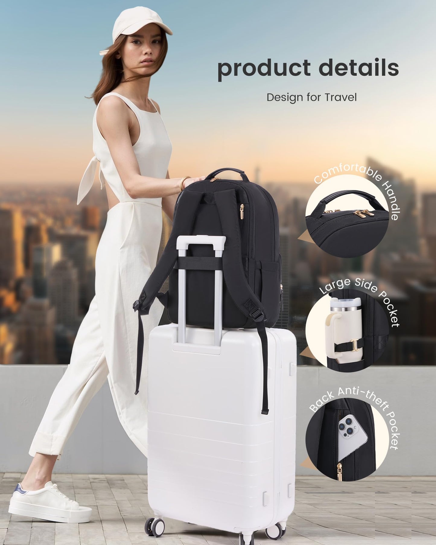 LOVEVOOK Laptop Backpack for Women with Leather Trim & Tumbler Pockets, 15.6" Work Backpack Purse, Travel Personal Item Bag, Carry On Business Computer Bag for Office, School, or Gift, Sage Green