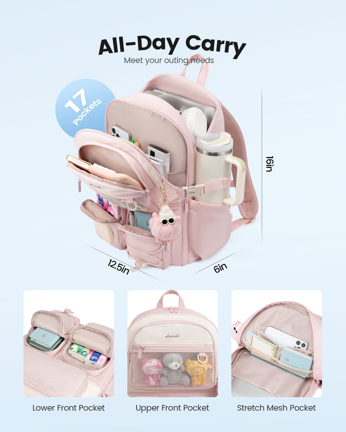 LOVEVOOK School Backpack for Teen Girls, Student Cute Bookbag Purse for Middle High School, 15.6 Inch Laptop Kid Backpack Back to School with Large Cup Holder, College Travel Bag, Beige Blue