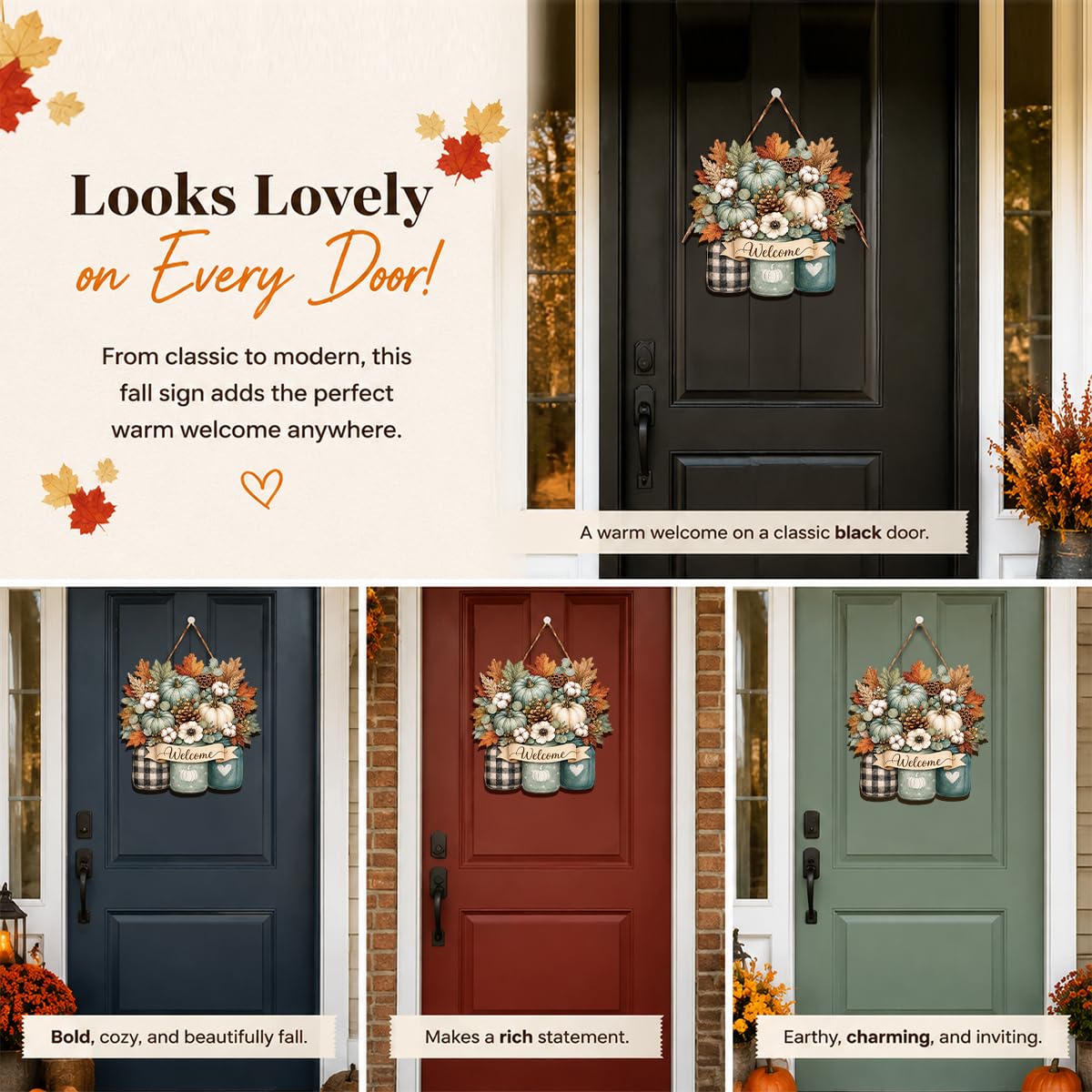 Fall Door Decor Wooden Pumpkin Door Hanger, Welcome Sign for Front Door