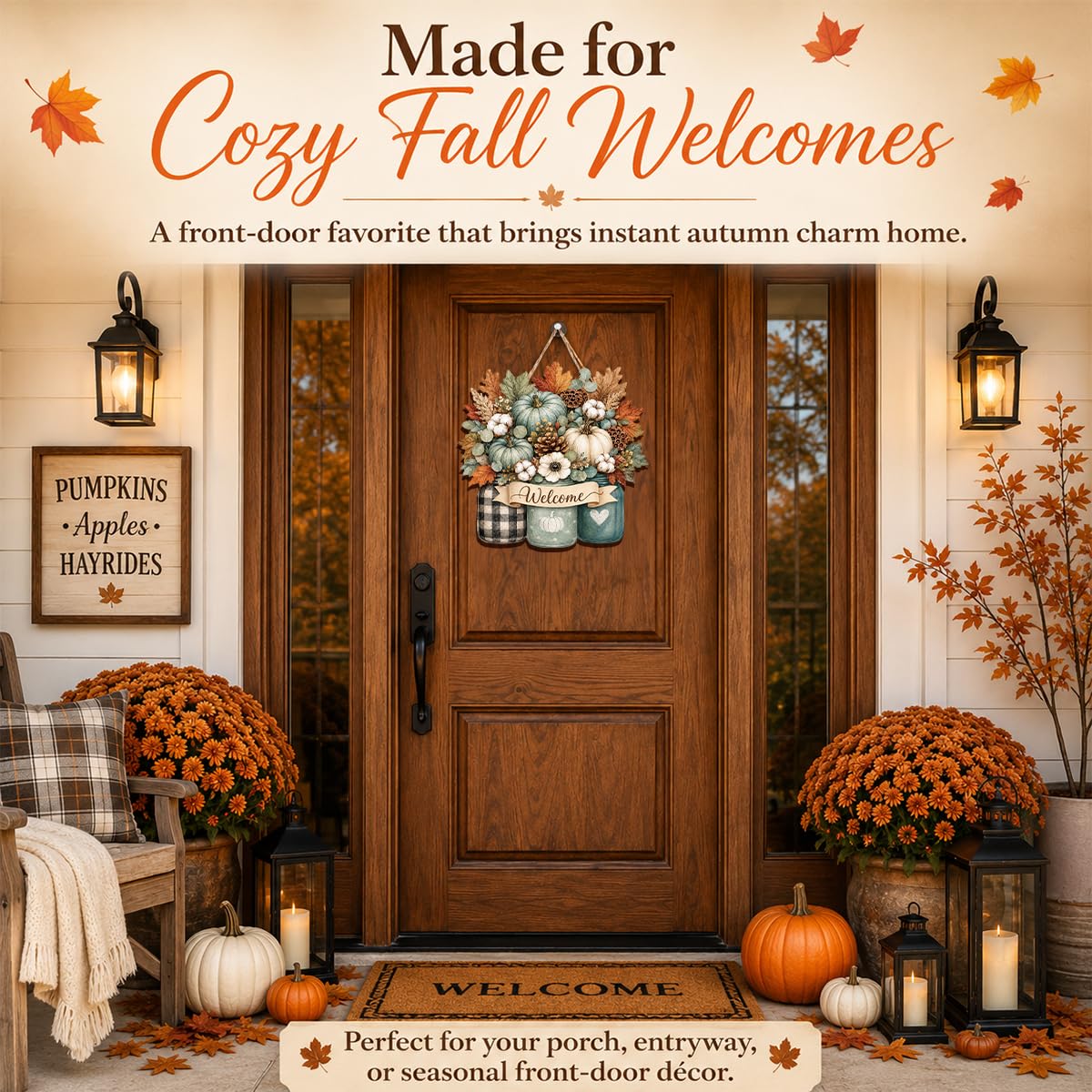 Fall Door Decor Wooden Pumpkin Door Hanger, Welcome Sign for Front Door