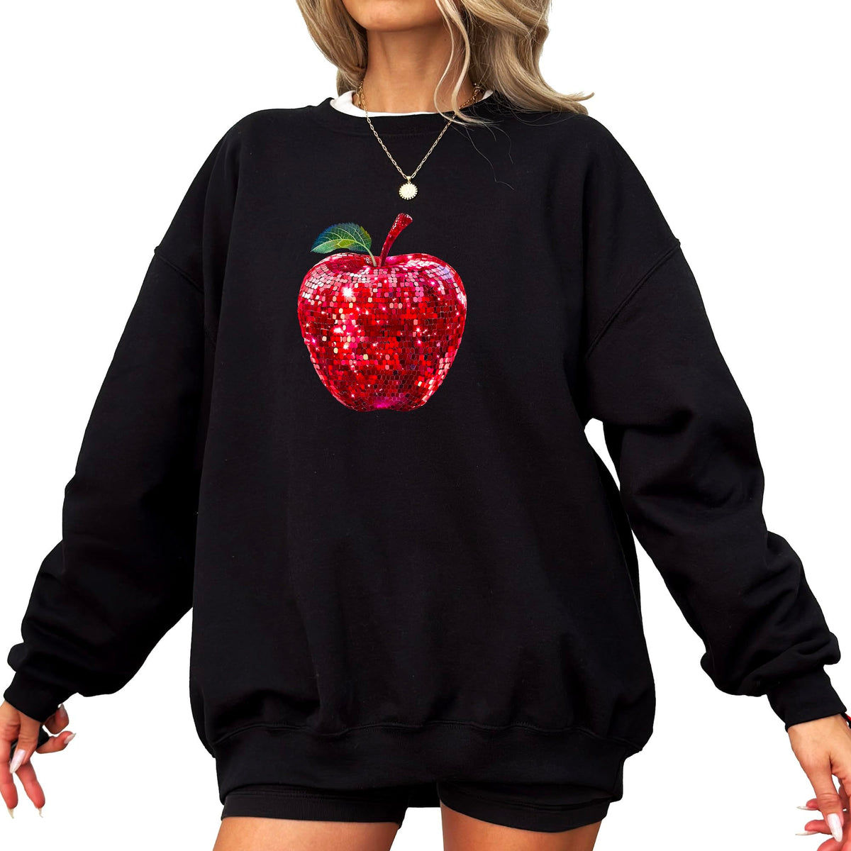 Red Disco Apple Sweatshirt for Women and Teens Faux Glitter Apple Pullover for Teachers and Students