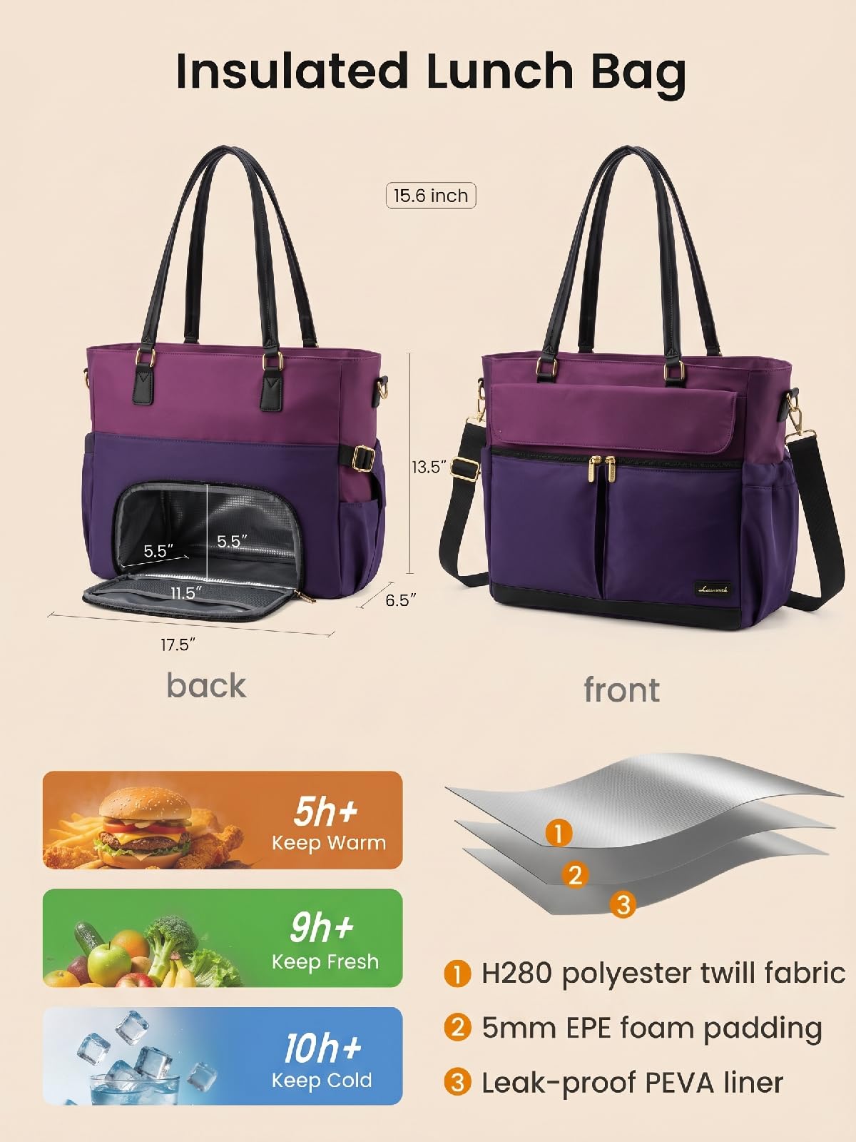 LOVEVOOK Lunch Tote Bag for Women, Work Laptop Bag with Lunch Compartment