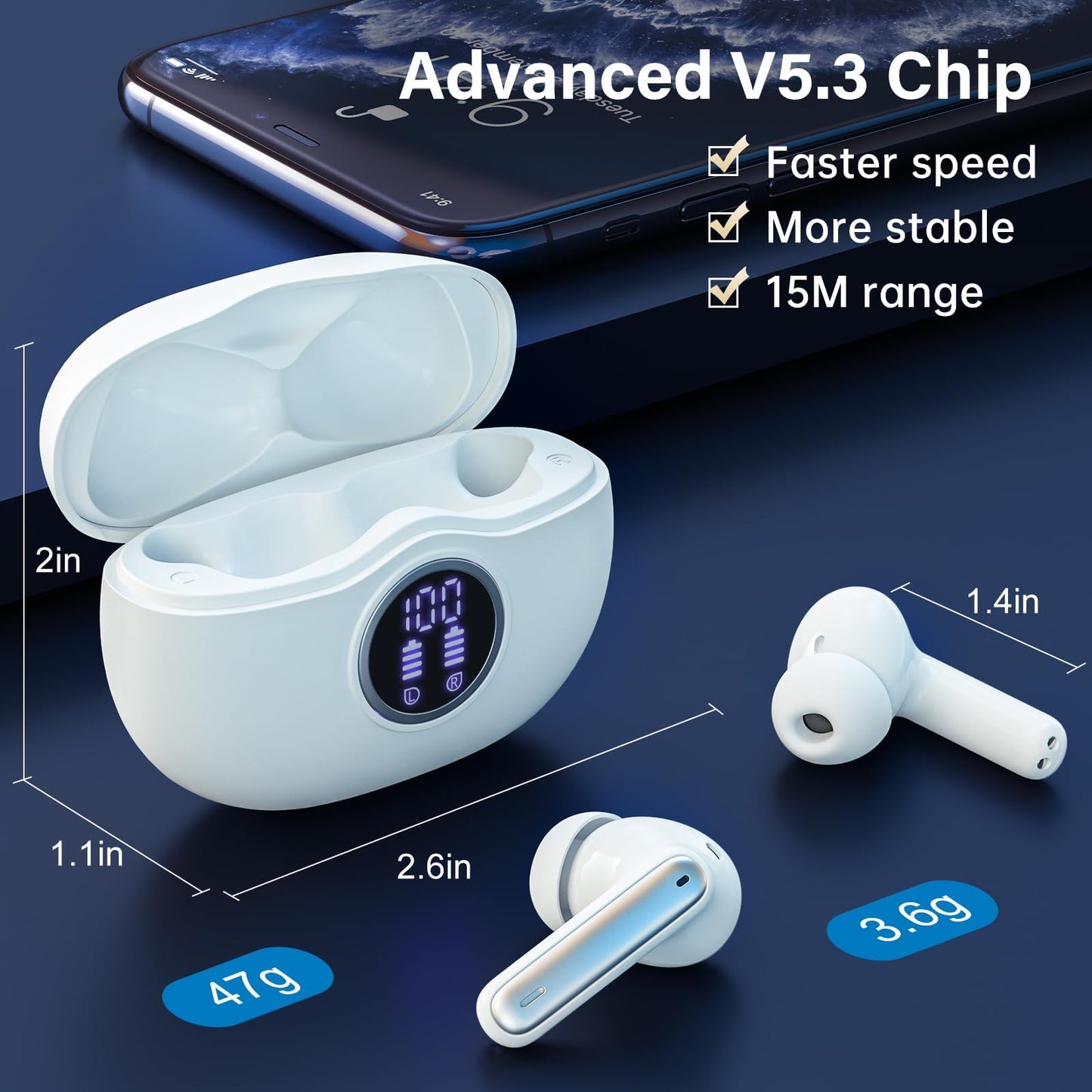 Wireless Earbuds, Bluetooth 5.3 Headphones HiFi Stereo 50H Playback LED Digital Display Ear Buds with ENC Noise Canceling Headset, IPX7 Waterproof Earphones for Gym/Running/Work(Black)