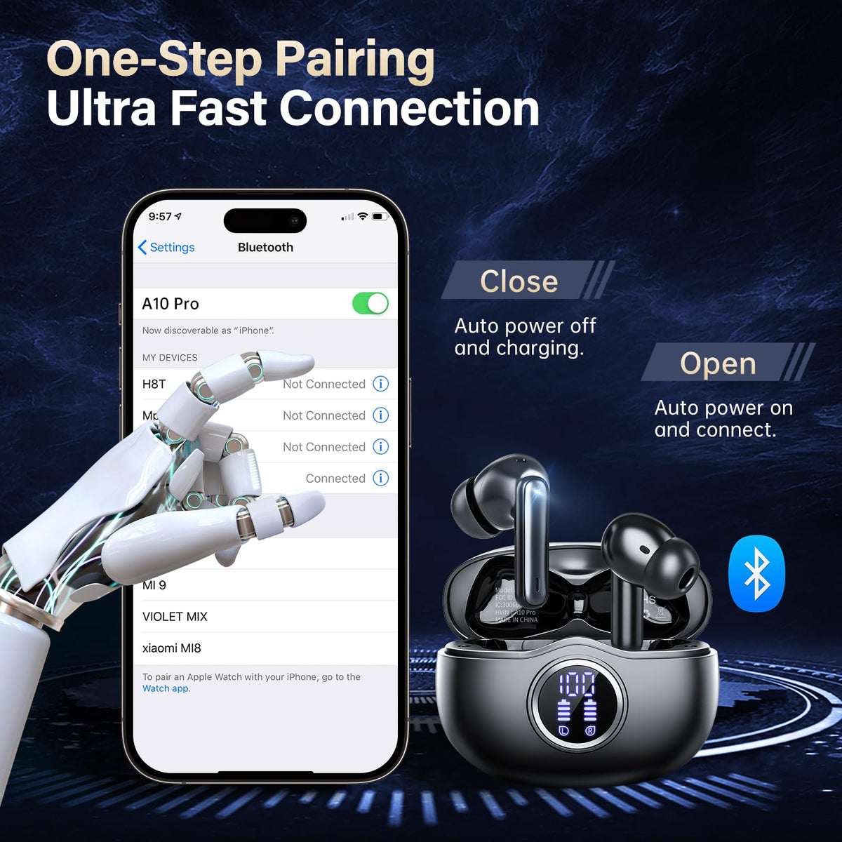 Wireless Earbuds, Bluetooth 5.3 Headphones HiFi Stereo 50H Playback LED Digital Display Ear Buds with ENC Noise Canceling Headset, IPX7 Waterproof Earphones for Gym/Running/Work(Black)