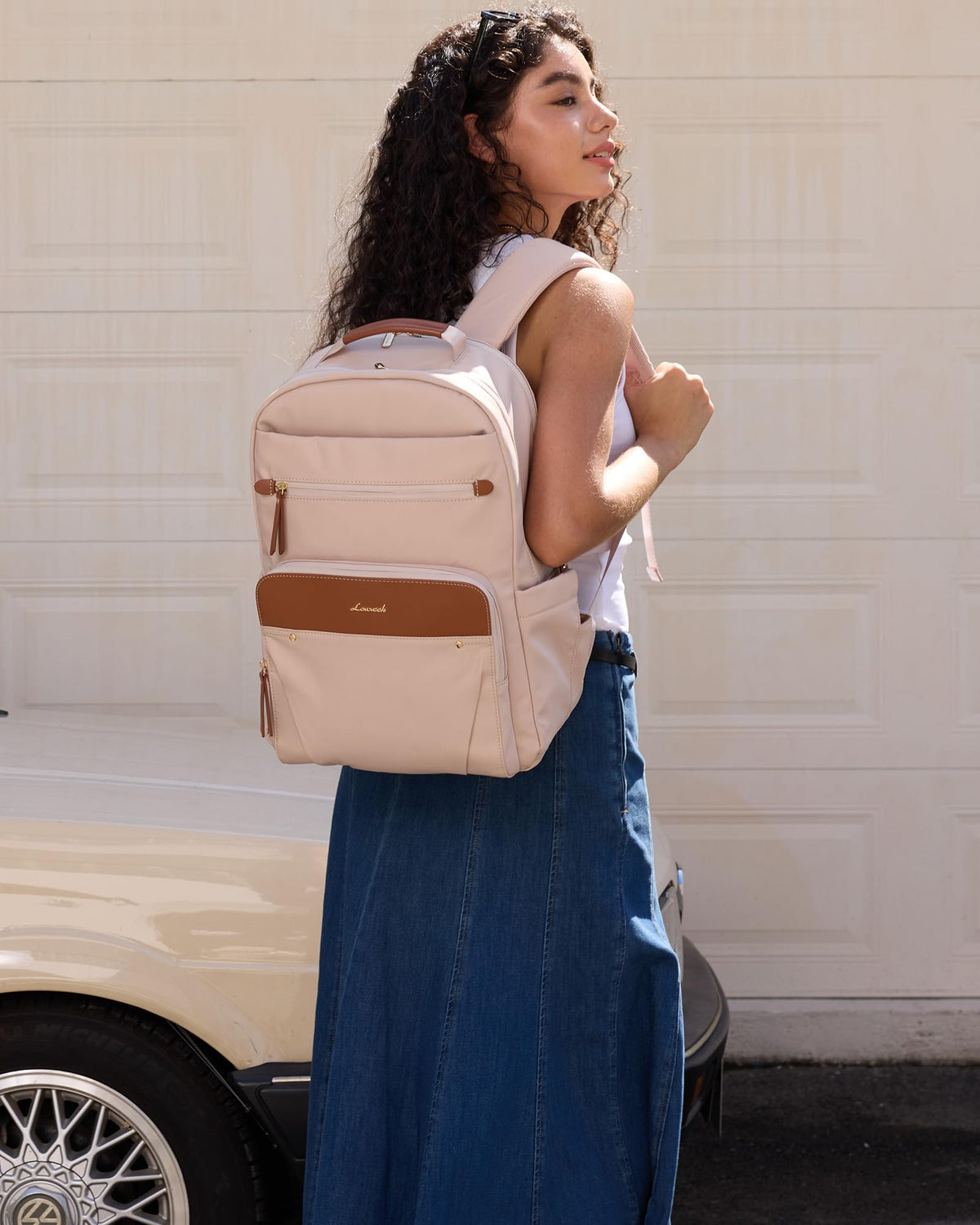 LOVEVOOK Laptop Backpack for Women with Leather Trim & Tumbler Pockets, 15.6" Work Backpack Purse, Travel Personal Item Bag, Carry On Business Computer Bag for Office, School, or Gift, Sage Green