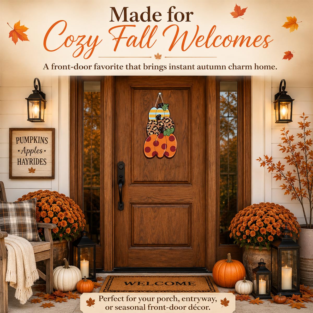 Fall Door Decor Wooden Pumpkin Door Hanger, Welcome Sign for Front Door