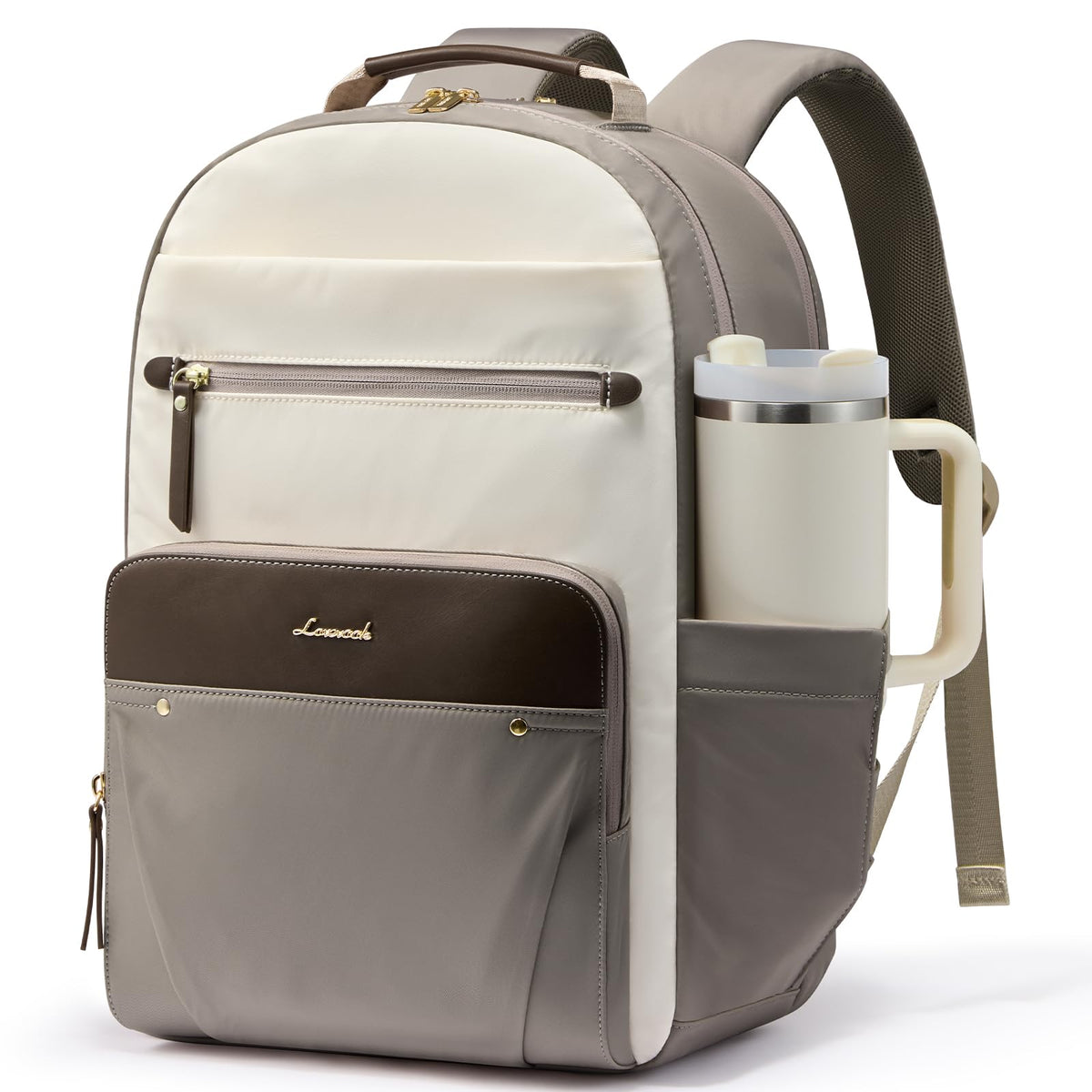 LOVEVOOK Laptop Backpack for Women with Leather Trim & Tumbler Pockets, 15.6" Work Backpack Purse, Travel Personal Item Bag, Carry On Business Computer Bag for Office, School, or Gift, Sage Green