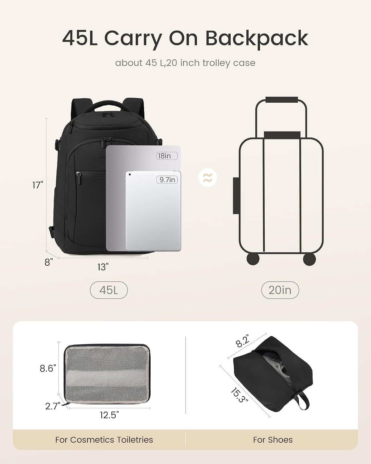 LOVEVOOK 40L Travel Backpack for Women & Men, Airline Approved Carry On Bag