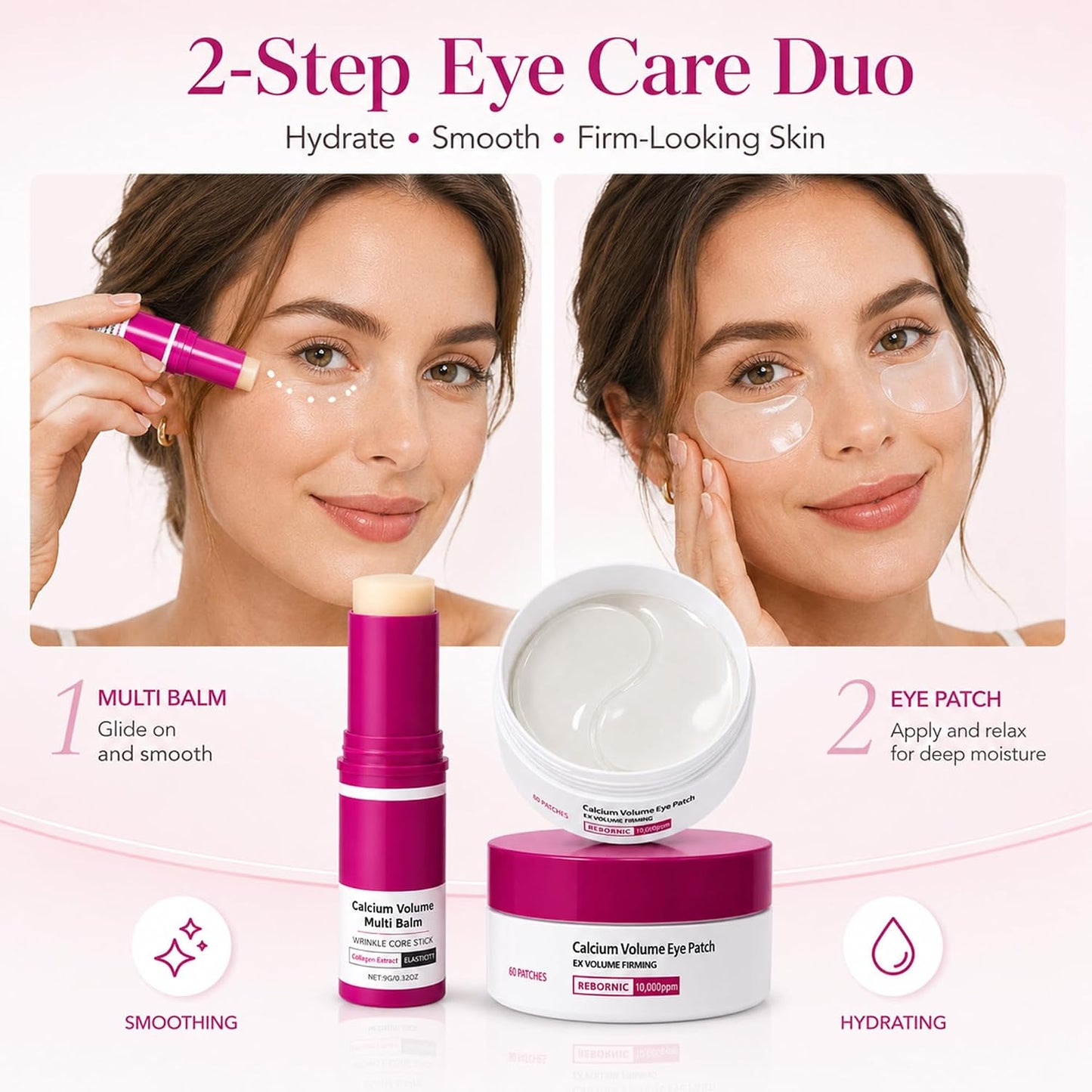 Eye Care Duo – Calcium Multi Balm Stick + Hydrogel Under Eye Patches 60ea (30 Pairs), Hydrating & Smoothing Eyes Treatment, Gentle on Skin, Travel Friendly