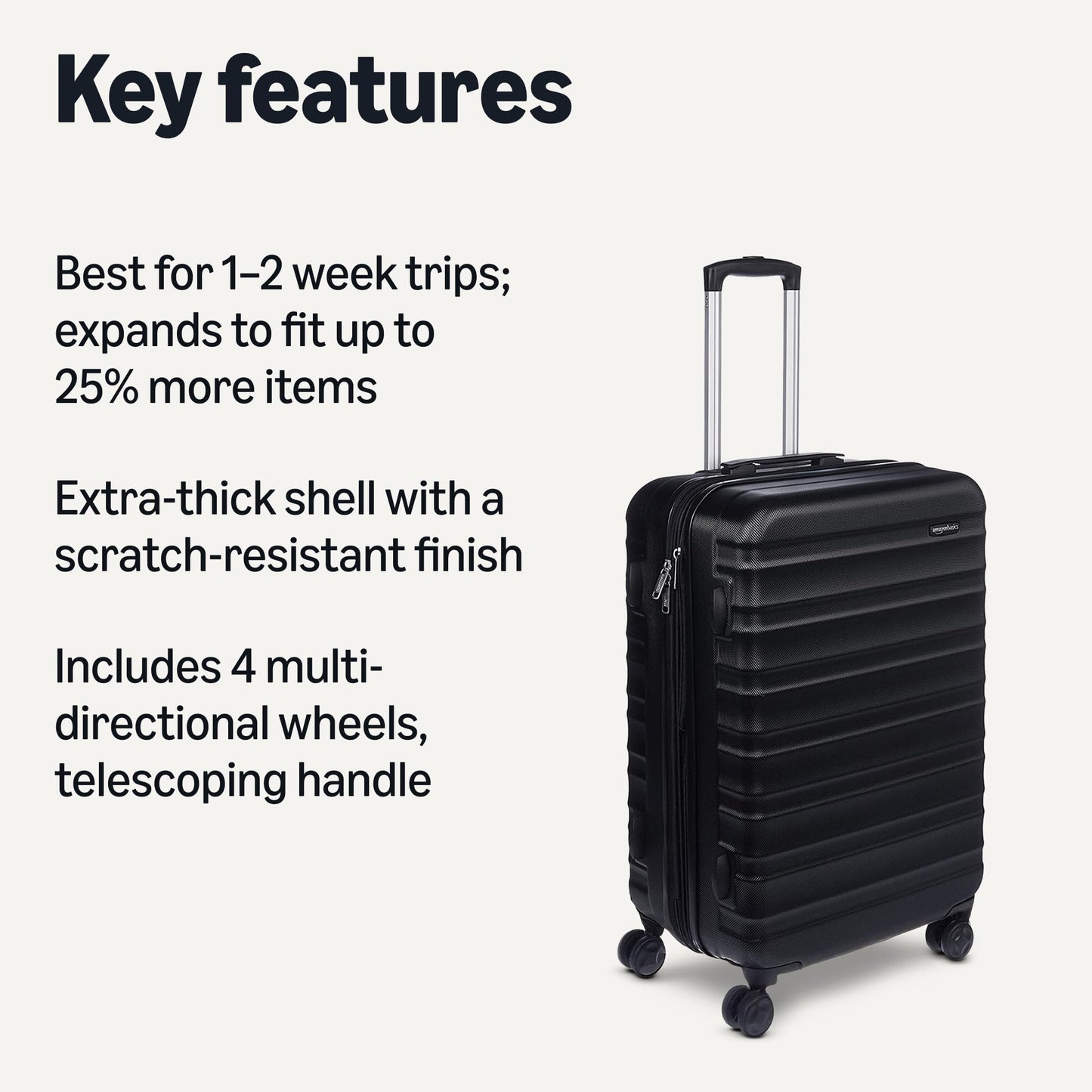 Amazon Basics 30" Hardside Large Checked Luggage, Hardshell Suitcase With Four Multi-directional Wheels, Expandable For Up to 15% More Space, Scratch-Resistant Shell, Black