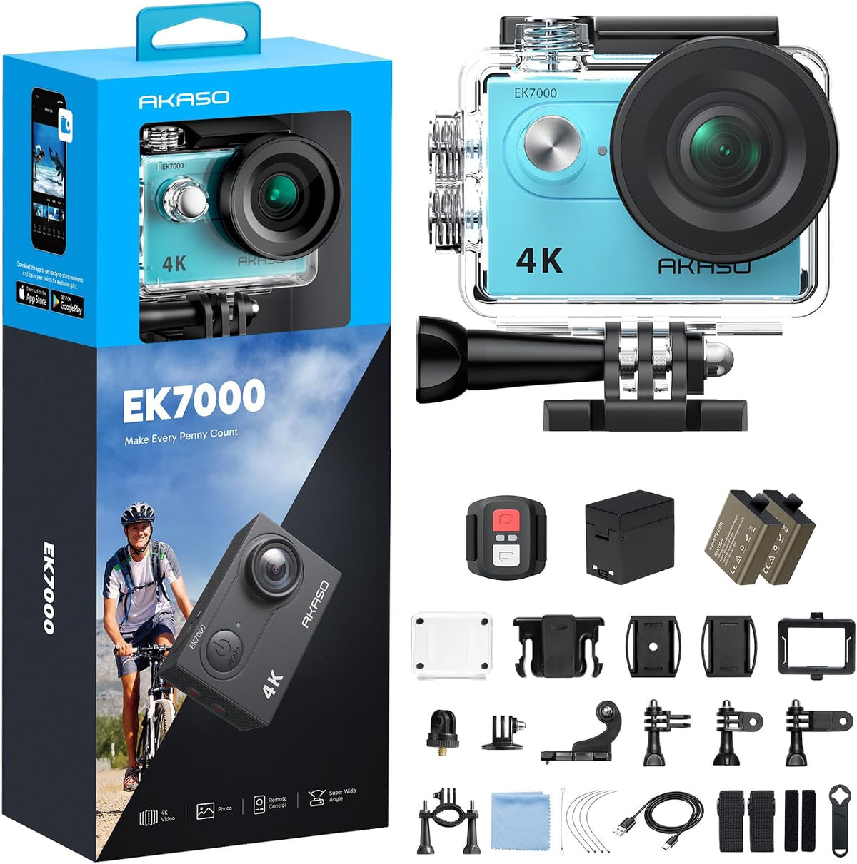 AKASO EK7000 4K30FPS 20MP WiFi Action Camera with EIS Ultra HD 131FT Waterproof Underwater Camera Remote Control 4X Zoom Support External Microphone Blue