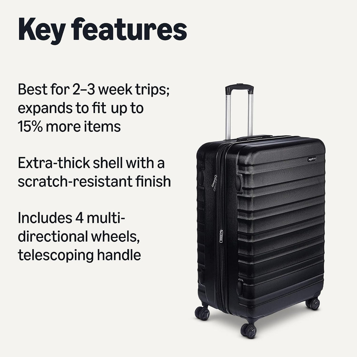 Amazon Basics 30" Hardside Large Checked Luggage, Hardshell Suitcase With Four Multi-directional Wheels, Expandable For Up to 15% More Space, Scratch-Resistant Shell, Black