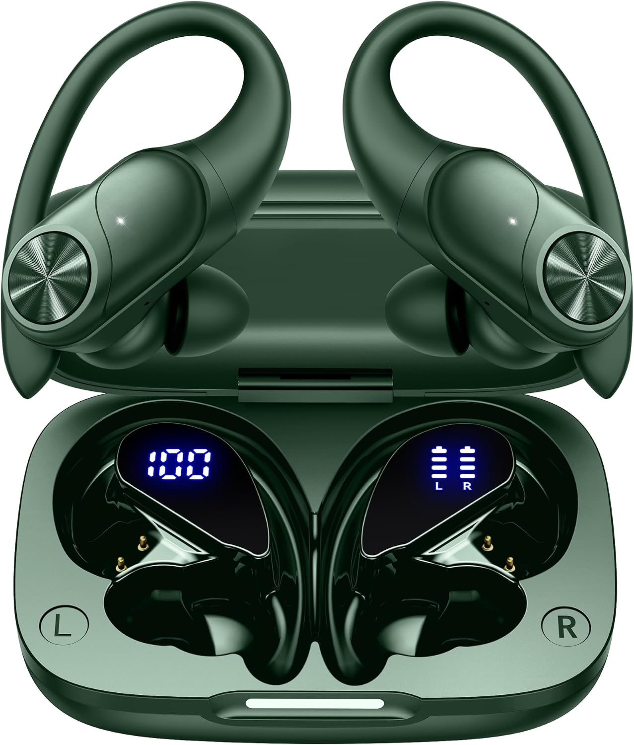 PocBuds Bluetooth Headphones Wireless Earbuds 80hrs Playtime Wireless Charging Case Digital Display Sports Ear Buds with Earhook Deep Bass IPX7 Waterproof Over-Ear Earphones for TV Phone Laptop Olive