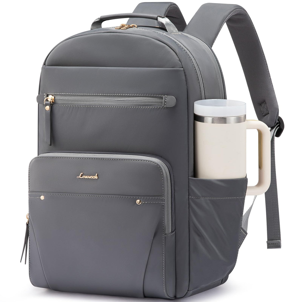 LOVEVOOK Laptop Backpack for Women with Leather Trim & Tumbler Pockets, 15.6" Work Backpack Purse, Travel Personal Item Bag, Carry On Business Computer Bag for Office, School, or Gift, Sage Green