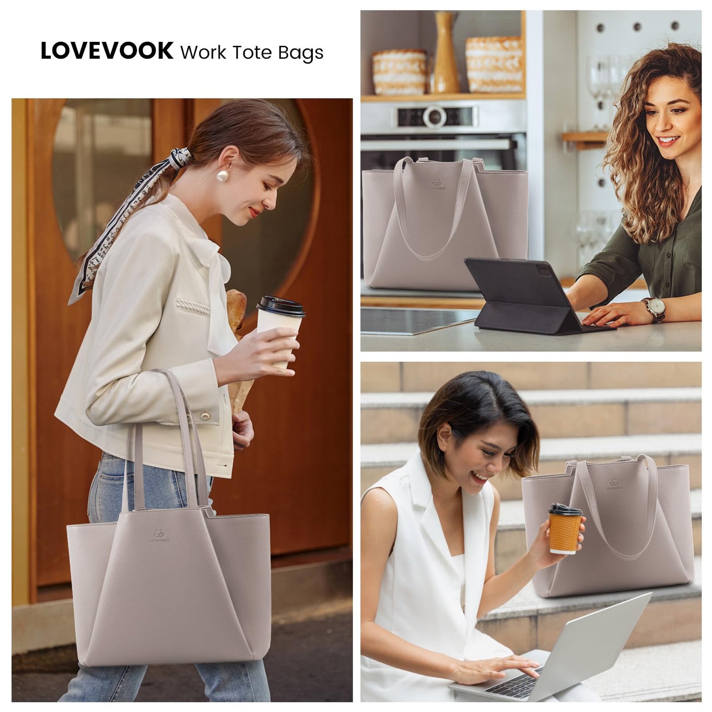LOVEVOOK Laptop Tote for Women - 15.6 Inch Faux Leather Laptop Bag with Clutch, Large Capacity Office Purse Computer