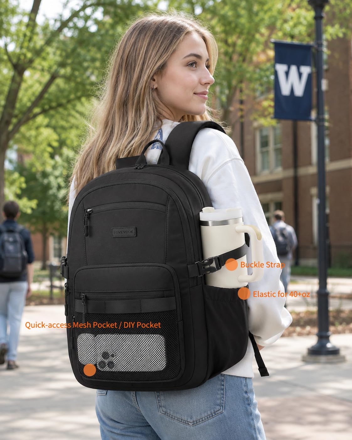 LOVEVOOK Laptop Backpack Women/Men with 40oz Cup Holder Buckle Strap, 15.6 Inch Tech-Ready Work Backpack, TSA-compliant for Travel & College with Versatile Mesh Pocket, Black