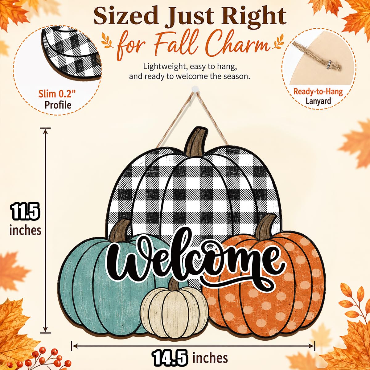 Fall Door Decor Wooden Pumpkin Door Hanger, Welcome Sign for Front Door
