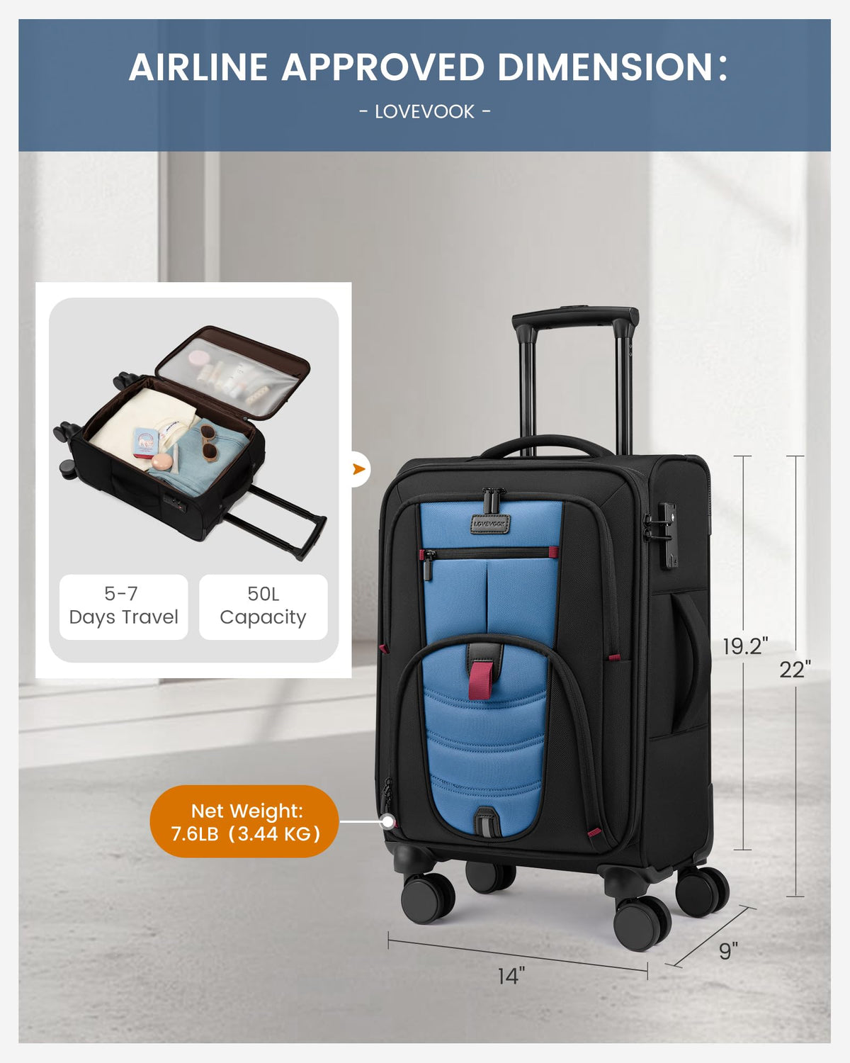Carry On Luggage 22x14x9 Airline Approved with TSA Lock for Business Trip
