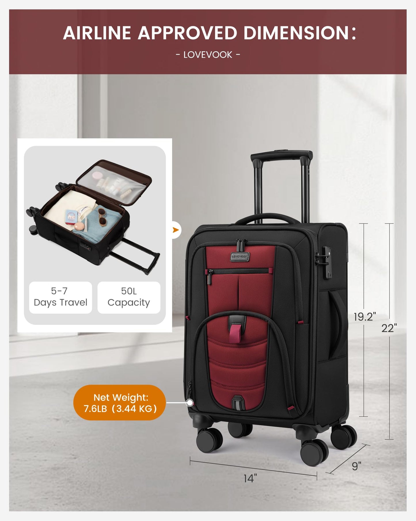 Carry On Luggage 22x14x9 Airline Approved with TSA Lock for Business Trip