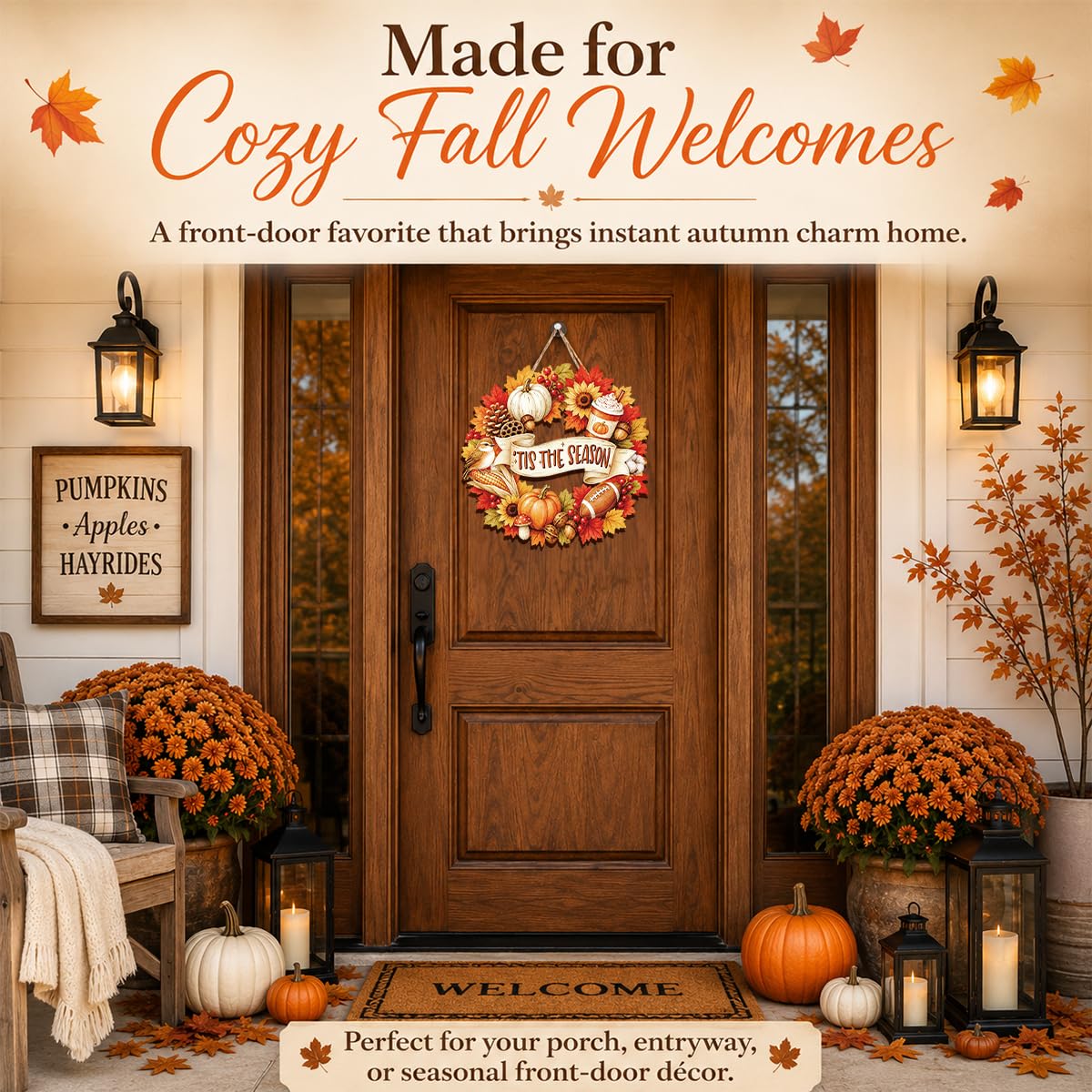 Fall Door Decor Wooden Pumpkin Door Hanger, Welcome Sign for Front Door