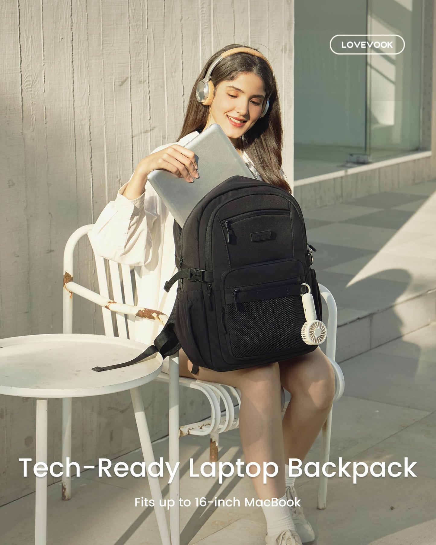 LOVEVOOK Laptop Backpack Women/Men with 40oz Cup Holder Buckle Strap, 15.6 Inch Tech-Ready Work Backpack, TSA-compliant for Travel & College with Versatile Mesh Pocket, Black