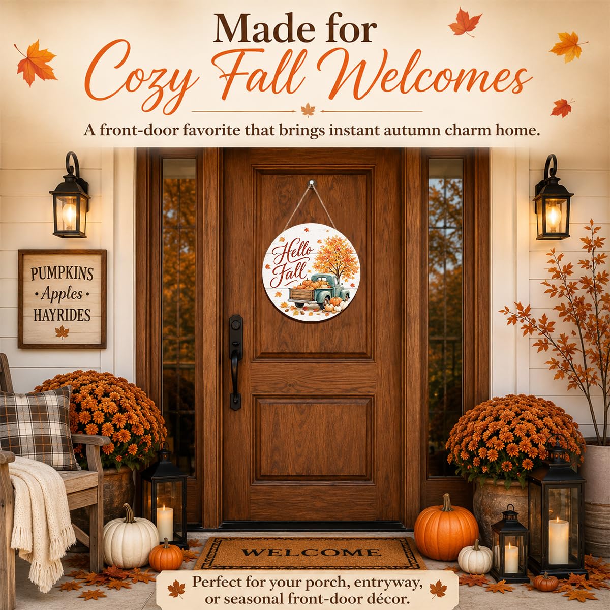 Fall Door Decor Wooden Pumpkin Door Hanger, Welcome Sign for Front Door