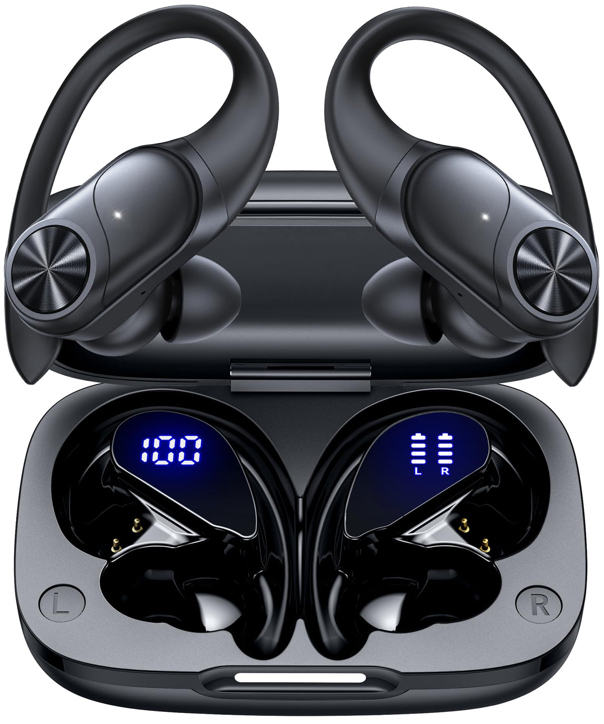 PocBuds Bluetooth Headphones Wireless Earbuds 80hrs Playtime Wireless Charging Case Digital Display Sports Ear Buds with Earhook Deep Bass IPX7 Waterproof Over-Ear Earphones for TV Phone Laptop Olive