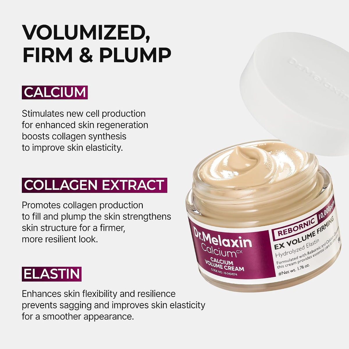 Dr.Melaxin Calcium Intense Firming Cream with Collagen & Elastin, Lifting & Volumizing Face Cream for Sagging Skin, Niacinamide for Plumping Care, 1.69 fl.oz